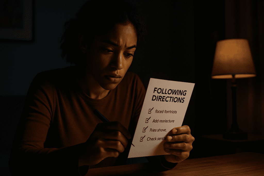 A young Black woman sits at a wooden table under moody, dramatic lighting, closely reviewing a CBT checklist titled “Following Directions.” The focused shadows and warm glow from a nearby lamp emphasize the importance of cognitive behavioral strategies for developing attention and mental clarity.