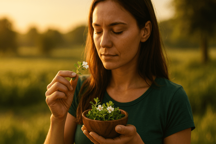 A young woman stands in a sunlit meadow, gently holding a wooden bowl filled with fresh Bacopa monnieri and examining a small sprig of the herb. Captured in soft natural morning light, the image evokes calm and focus, symbolizing the brain-boosting and longevity benefits of Bacopa monnieri in a serene rural setting.