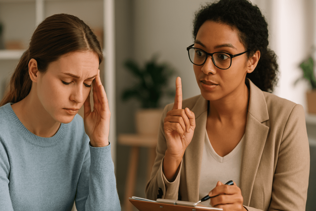 A therapist provides structured guidance during a CBT session with a young woman experiencing emotional distress in a calming, modern office environment