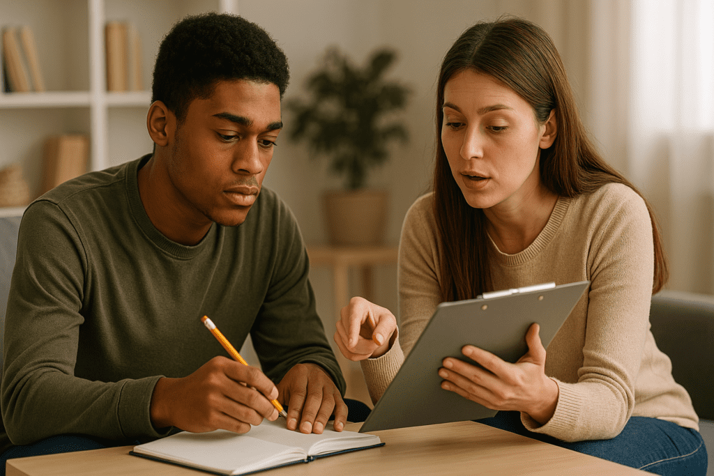 A focused student listens to a female instructor explaining instructions during a one-on-one CBT-based tutoring session in a quiet, sunlit room