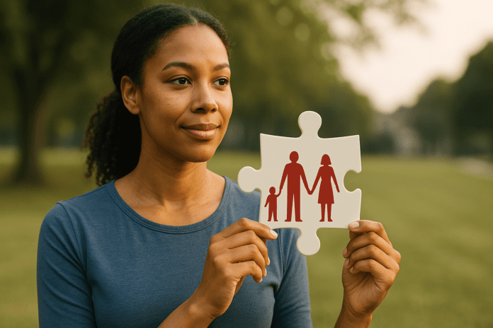 A young African-American woman stands in a quiet suburban park during the morning, holding a puzzle piece with a red silhouette of a family. The soft natural light and simple green background symbolize the healing role of Cognitive Behavioral Therapy in reconnecting family systems.