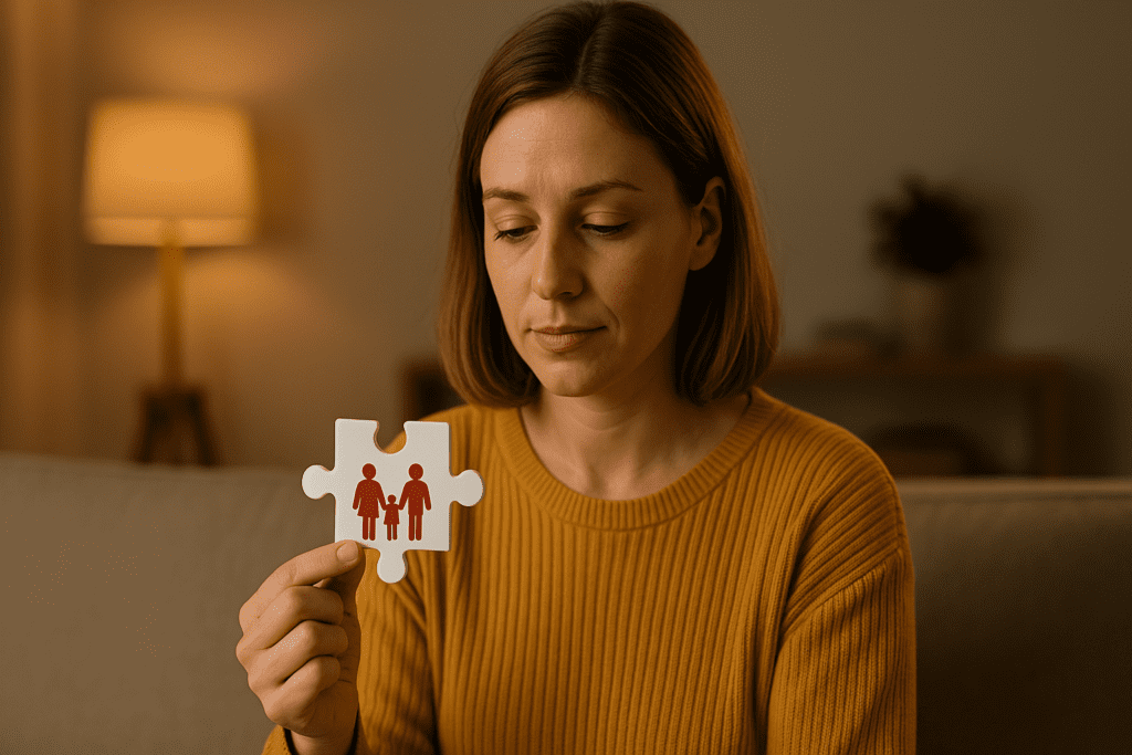 A Caucasian woman in her 30s sits in a warmly lit living room, holding a symbolic puzzle piece with a red family icon, her expression reflecting introspection. The ambient glow from a nearby lamp reinforces the comforting impact of CBT for families coping with emotional healing.