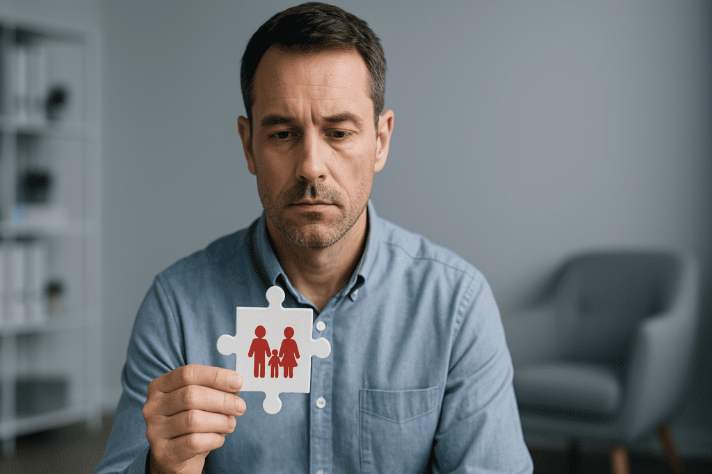 A middle-aged Caucasian man with a solemn expression holds a symbolic family puzzle piece in a modern therapy office lit with cool clinical lighting. The minimalist setting and somber tone emphasize the role of CBT for anxiety and healing in family systems through individual reflection.