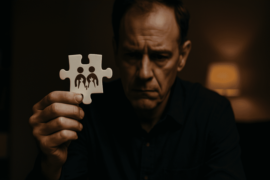 A light-skinned middle-aged man with a serious expression holds a puzzle piece displaying a purple family icon in a dimly lit room. The moody lighting and dramatic shadows convey the emotional intensity of cognitive behavioral therapy for families dealing with complex relational challenges.