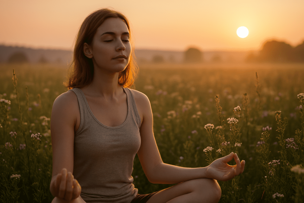 A young woman with auburn-tinted brown hair meditates peacefully in a wildflower field at sunrise, surrounded by gentle hues of gold and pastel blossoms. Her tranquil presence evokes the holistic brain-enhancing and longevity-supporting benefits of Bacopa monnieri in a natural wellness setting.
