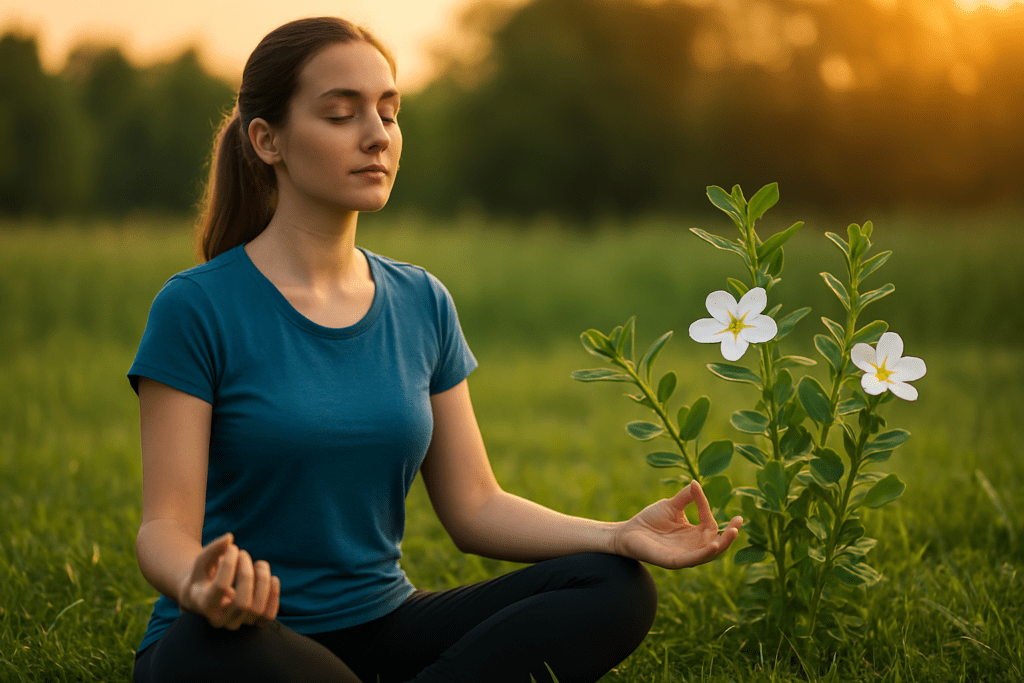 A young woman meditates in a green meadow at sunset, dressed in a teal shirt, with eyes closed and hands relaxed beside blooming Bacopa monnieri plants. The soft golden light and calm setting evoke the herb’s connection to cognitive clarity, relaxation, and brain longevity support.