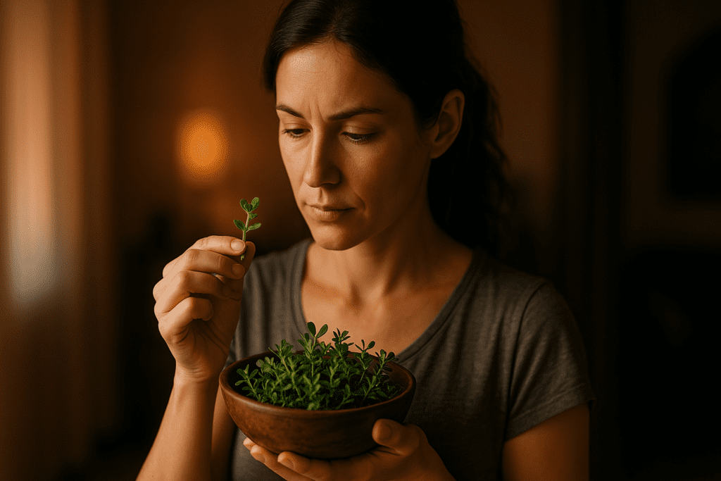 A woman in a softly lit indoor room holds a wooden bowl of Bacopa monnieri, thoughtfully examining a single sprig. The warm ambient lighting and subdued environment create an introspective mood, reinforcing the calming and cognitive benefits associated with bacopa supplements.