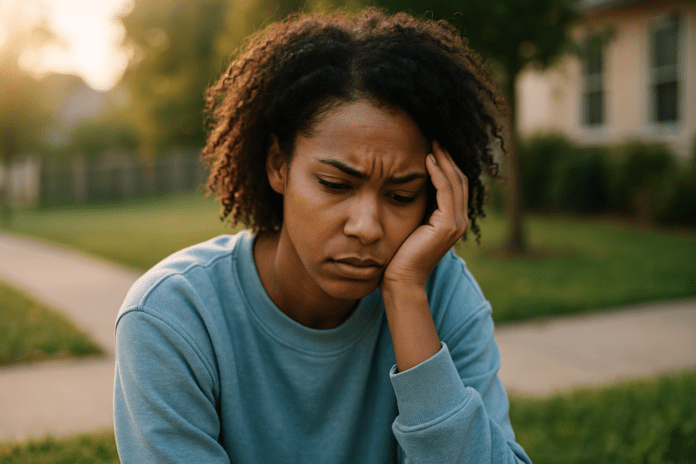 A young African American woman sits on a suburban sidewalk in soft natural morning light, resting her head on her hand with a pensive expression. The serene outdoor setting and her furrowed brow capture the emotional weight of anxiety and the internal process of cognitive restructuring often used in CBT for depression.