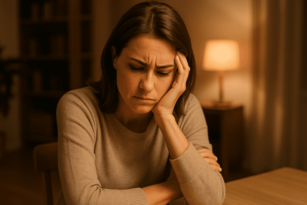 A young Caucasian woman in her thirties sits at a wooden table in a warmly lit room, eyes closed and face drawn with concern. The cozy, minimalist indoor setting reflects a moment of quiet self-reflection, symbolizing how cognitive behavioral therapy helps individuals reframe negative thoughts related to anxiety and low mood.