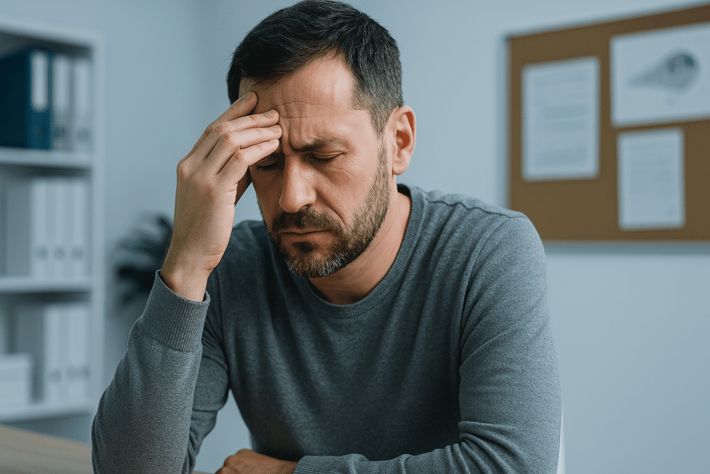 A middle-aged man in a gray sweater sits in a clinical office setting under cool fluorescent lighting, holding his forehead in distress. The modern, professional environment reinforces the concept of structured CBT sessions designed to treat anxiety and depression through thought tracking and behavioral strategies.