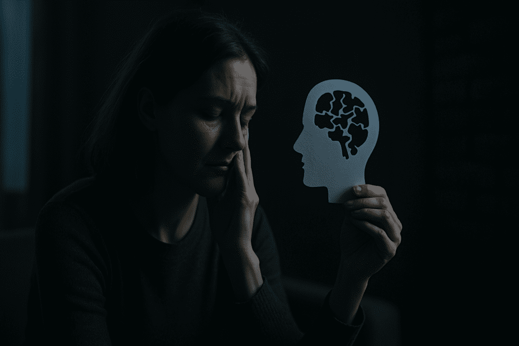 A woman sits in a dark room, her face softly lit as she holds up a paper cutout of a human head with puzzle-piece shapes inside. The moody lighting and shadowed background evoke the complexity of negative thought patterns, highlighting how CBT techniques help piece together and reframe distorted thinking associated with depression and anxiety.