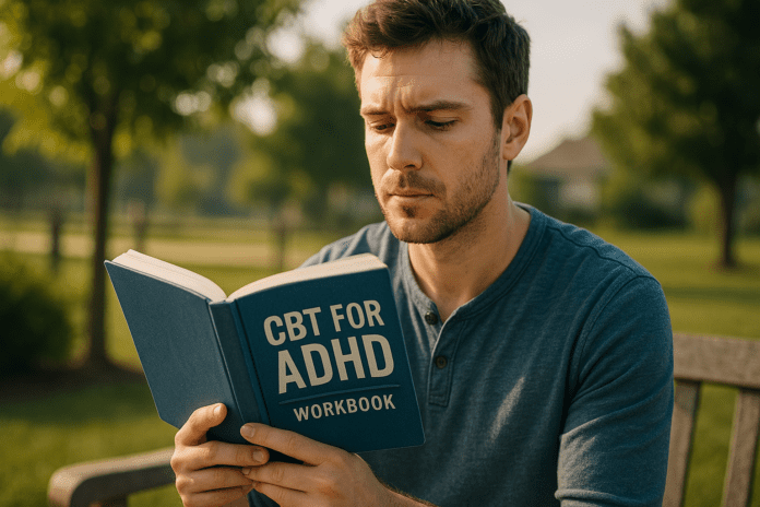 A young man sits alone on a wooden bench in a peaceful garden during early morning light, intently reading a CBT for ADHD workbook. The soft natural sunlight highlights his focused expression, symbolizing how CBT strategies can improve attention and calm in those with ADHD.