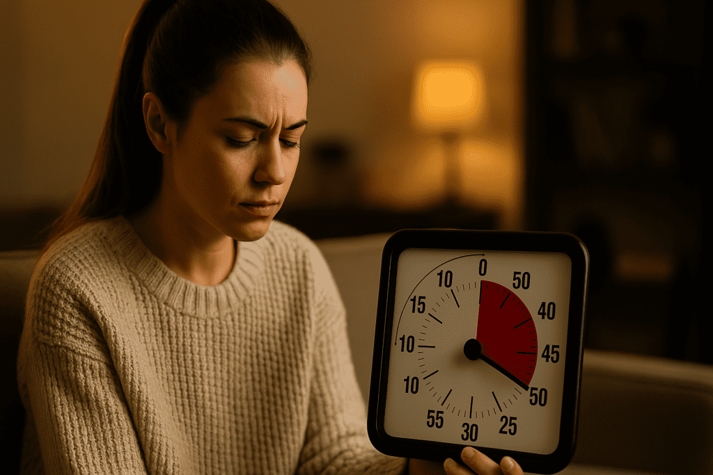 A young woman sits on a cozy beige couch in a warmly lit room, holding a large analog timer as she concentrates on a time-based focus exercise. The ambient indoor lighting and calm setting emphasize how CBT for ADHD can help structure routines and improve time awareness.