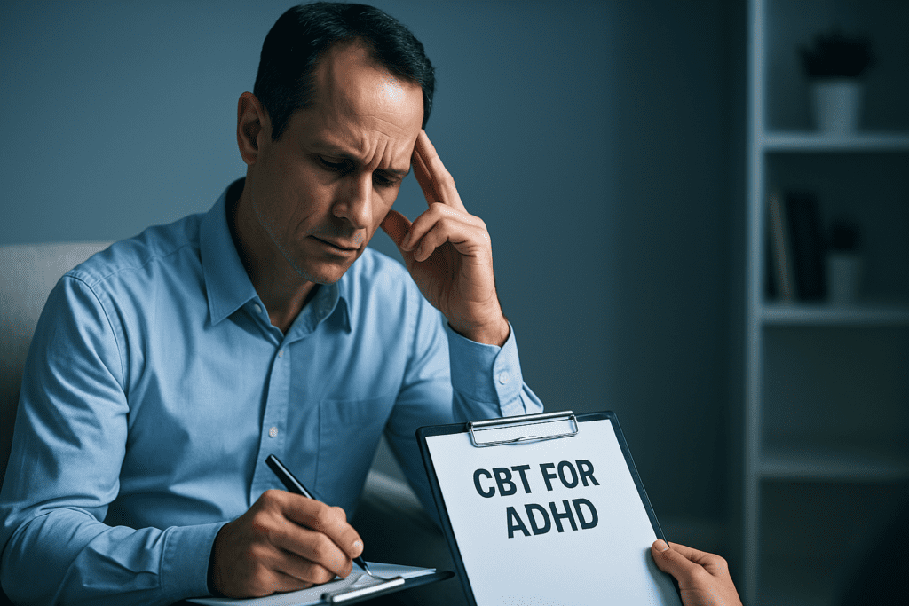 A middle-aged male therapist in a clinical office with cool lighting holds a clipboard labeled “CBT for ADHD” while focusing intently on a session. The clean, modern setting reinforces how cognitive behavioral therapy helps adults with ADHD improve focus and emotional regulation.