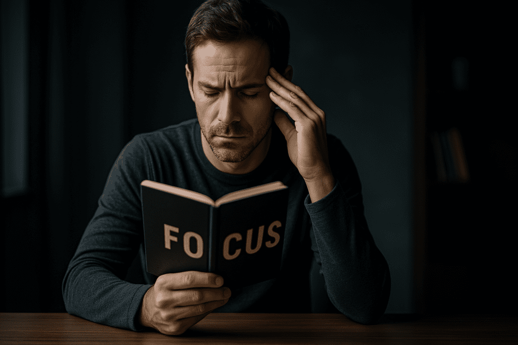 A man in his late 30s sits alone in a dark, moody room, intently reading a black journal labeled "FOCUS" under soft, directional lighting. The dramatic shadows and contemplative setting highlight how CBT for ADHD supports emotional regulation and improved concentration through mindfulness and journaling.