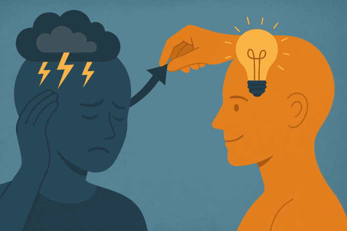 Conceptual illustration showing a sad blue figure with a storm cloud inside their head and a happy orange figure with a glowing lightbulb, symbolizing the shift from negative to positive thoughts through cognitive restructuring.