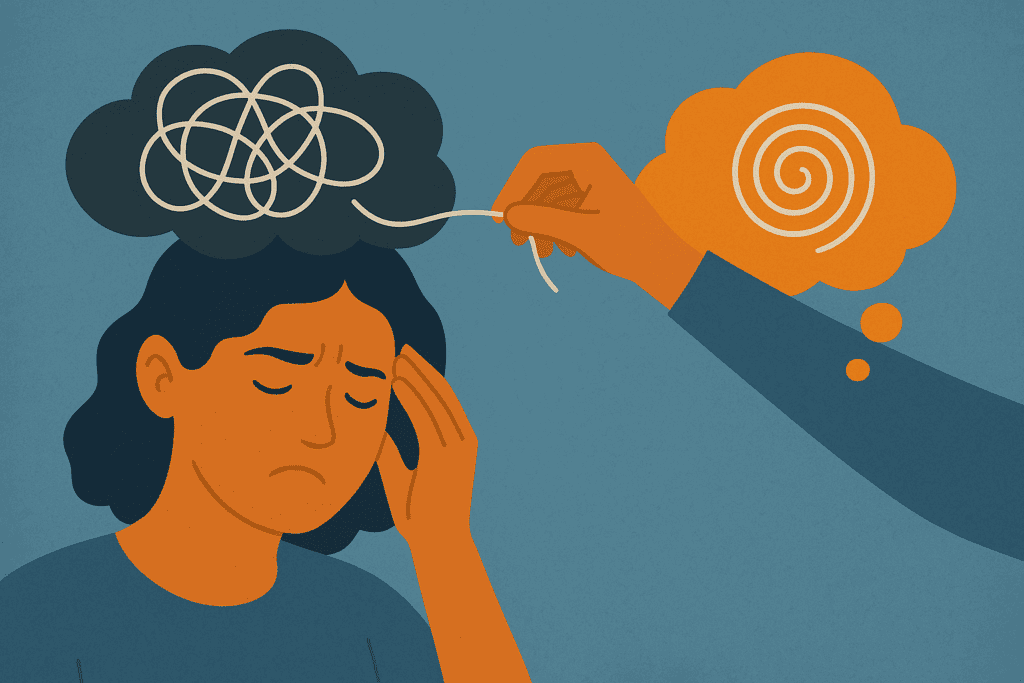 Digital illustration of a distressed woman with a stormy thought cloud above her head, as a hand gently untangles a white thread leading to a calm spiral in an orange bubble, symbolizing cognitive restructuring in CBT.