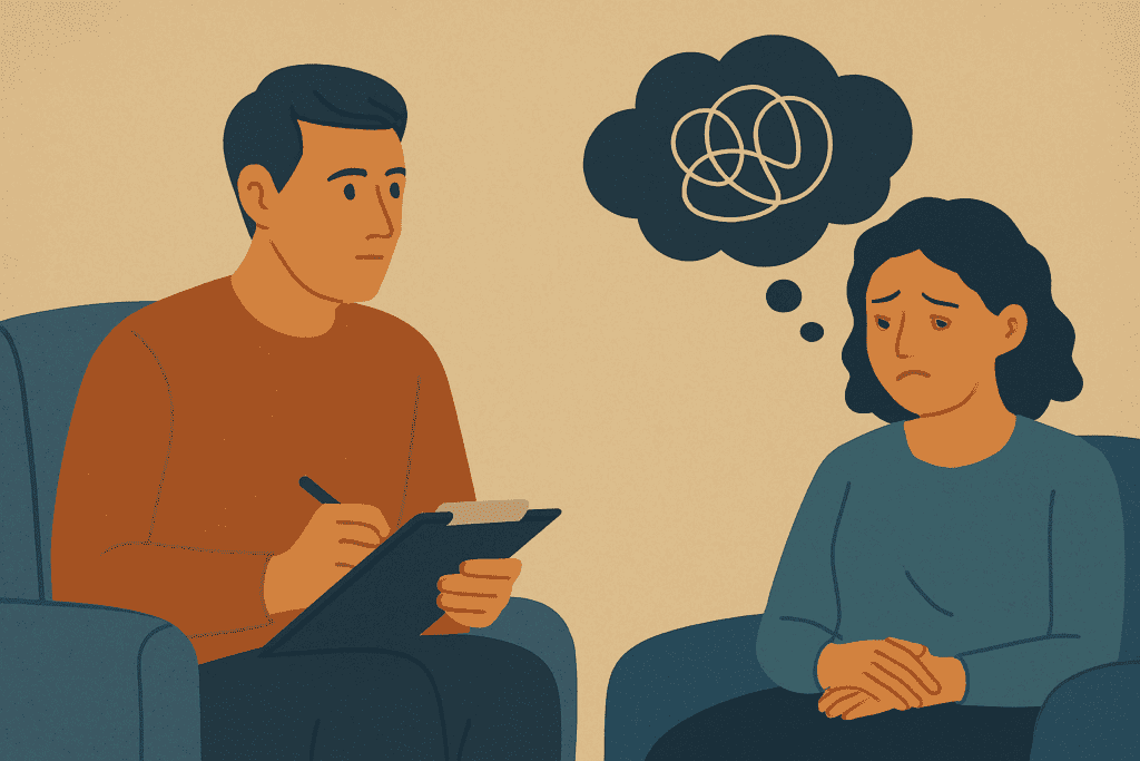 Digital illustration of a therapy session where a male therapist listens attentively to a distressed female client, who has a tangled thought cloud above her head, representing cognitive restructuring in CBT for anxiety and depression.