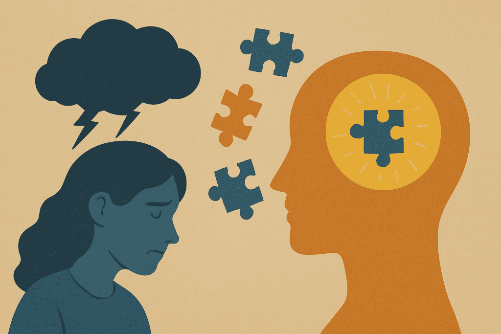 Conceptual illustration of a distressed woman with a storm cloud over her head transitioning into a glowing, puzzle-filled profile, symbolizing how CBT helps reframe negative thoughts and bring mental clarity.