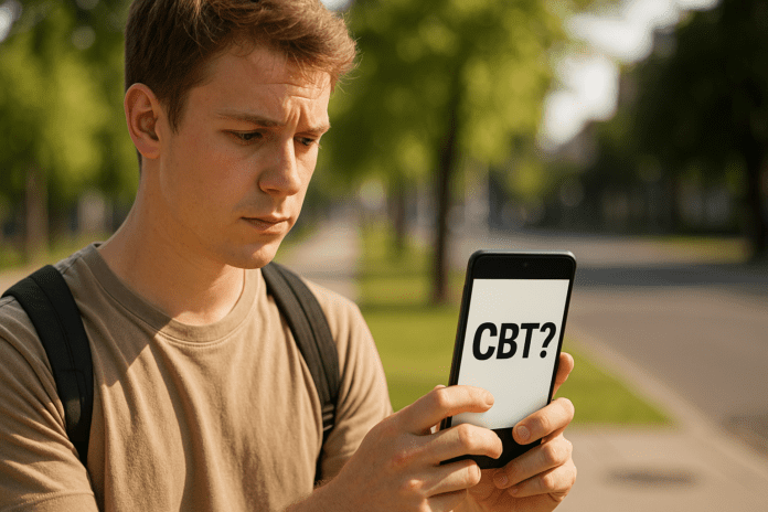 A young man in his early twenties stands outdoors under soft morning sunlight, holding a smartphone that displays the acronym “CBT?” in bold letters. With a concerned expression and a leafy urban backdrop, the image captures the confusion surrounding what CBT means in slang and its importance in digital mental health awareness.
