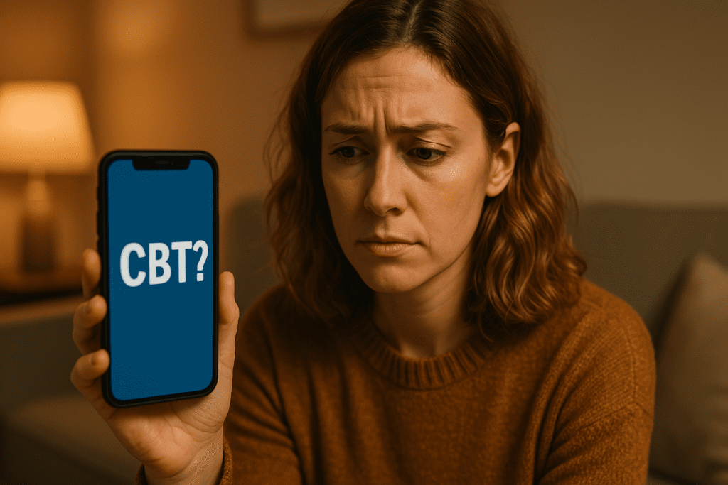 A young woman with shoulder-length wavy hair sits in a warmly lit living room, holding up her smartphone that displays the term “CBT?” in bold white letters on a blue background. Her concerned expression highlights the confusion around slang meanings of CBT and their implications for mental health awareness.
