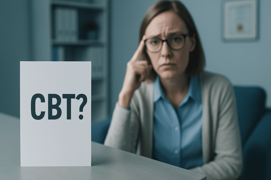 A printed white card with bold “CBT?” text sits on a gray table in a modern clinical office, with a woman in glasses and a blue blouse blurred in the background, appearing puzzled. The cool-toned lighting and setting reflect the confusion around CBT slang meanings and their impact on mental health communication.