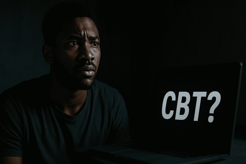 A young African American man with short curly hair sits in a dim room, lit dramatically from one side, staring intently at a laptop screen that displays the word “CBT?” in large white letters. The moody lighting emphasizes his contemplative mood, illustrating the serious tone of understanding slang versus clinical meanings of CBT in mental health contexts.
