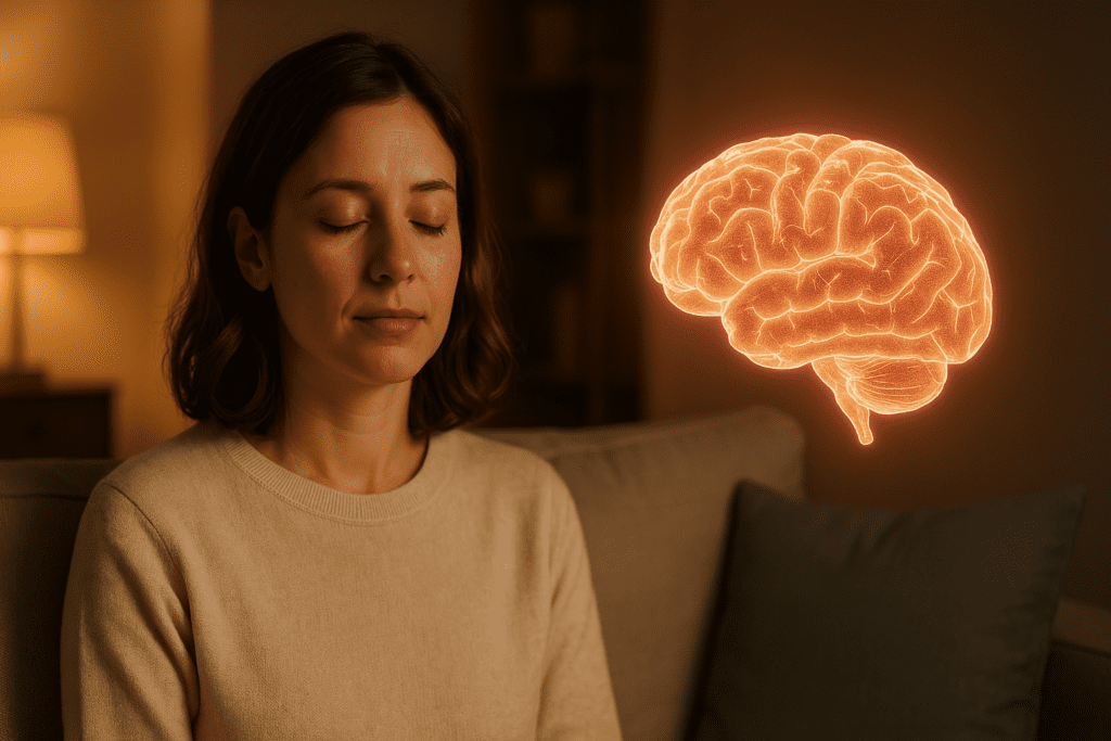 A photograph captures a young Caucasian woman with closed eyes sitting calmly on a beige sofa as a glowing brain hologram floats beside her, symbolizing CBT for negative thoughts and its impact on mental well-being. Warm indoor ambient lighting and a softly lit background create a peaceful, cozy atmosphere.