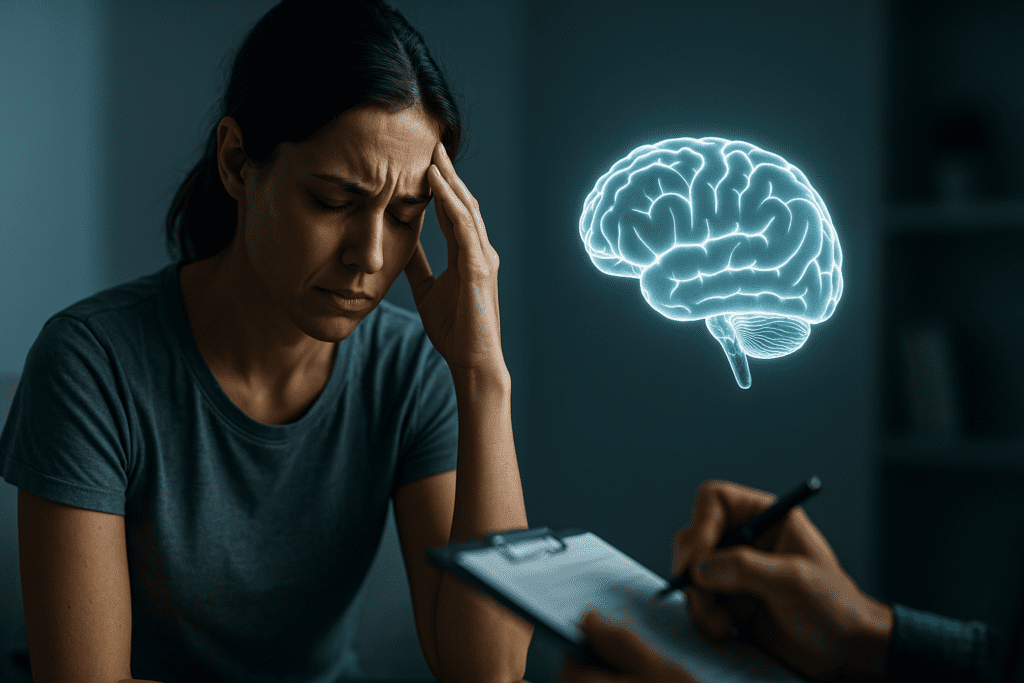 A photograph showcases a therapeutic session concept with a young woman holding her head in distress, highlighted by a glowing blue brain illustration symbolizing CBT's effect on negative thinking. The cool clinical lighting and minimal background convey a mood of focus and emotional struggle in a mental health setting.