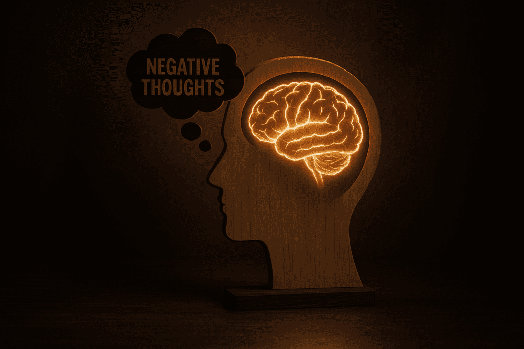 A photograph with dramatic lighting features a wooden head silhouette with a glowing brain inside and a thought bubble labeled "NEGATIVE THOUGHTS," symbolizing the transformation of thinking patterns through CBT. The moody shadows and textured background enhance the focus on the brain, evoking the theme of rewiring negative thoughts for mental clarity.