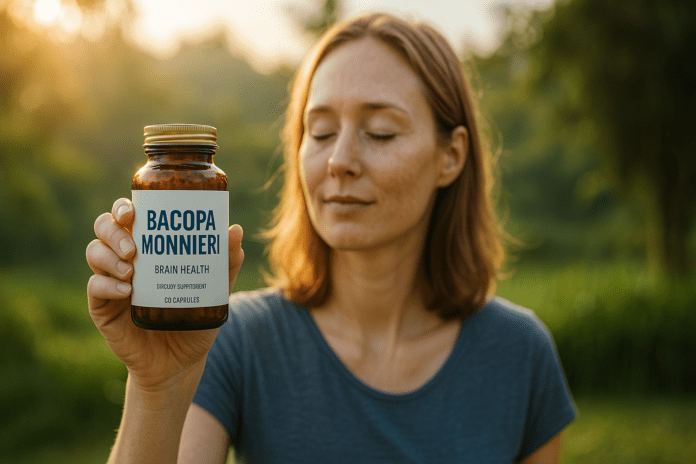 A young woman stands outdoors in soft natural morning light, holding a bottle labeled Bacopa Monnieri, with lush greenery in the background and a calm, focused expression. The image reflects the theme of natural cognitive enhancement with the best Bacopa supplement for brain longevity.