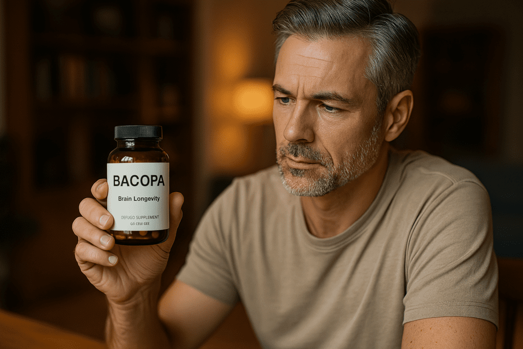 A middle-aged man sits at a wooden table under warm indoor lighting, examining a Bacopa supplement bottle with curiosity and care. The cozy living room setting emphasizes personal wellness choices and the thoughtful selection of the best Bacopa monnieri supplement for cognitive longevity.