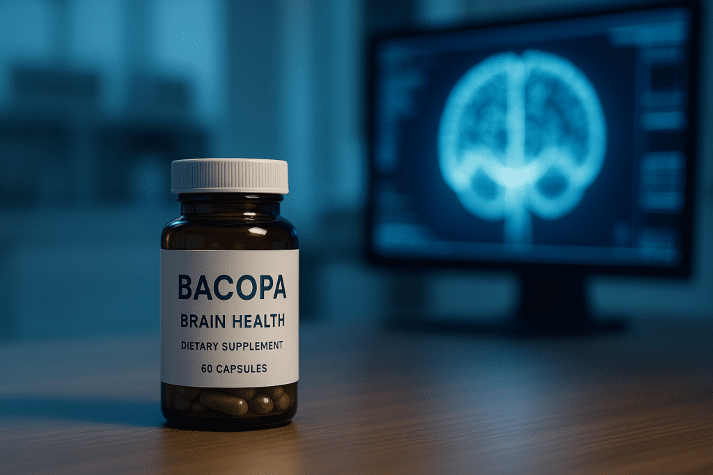 A Bacopa Brain Health supplement bottle sits on a wooden lab counter under cool clinical lighting, with a glowing brain scan in the background. The scene evokes a high-tech approach to selecting the best Bacopa supplement for supporting long-term cognitive function.
