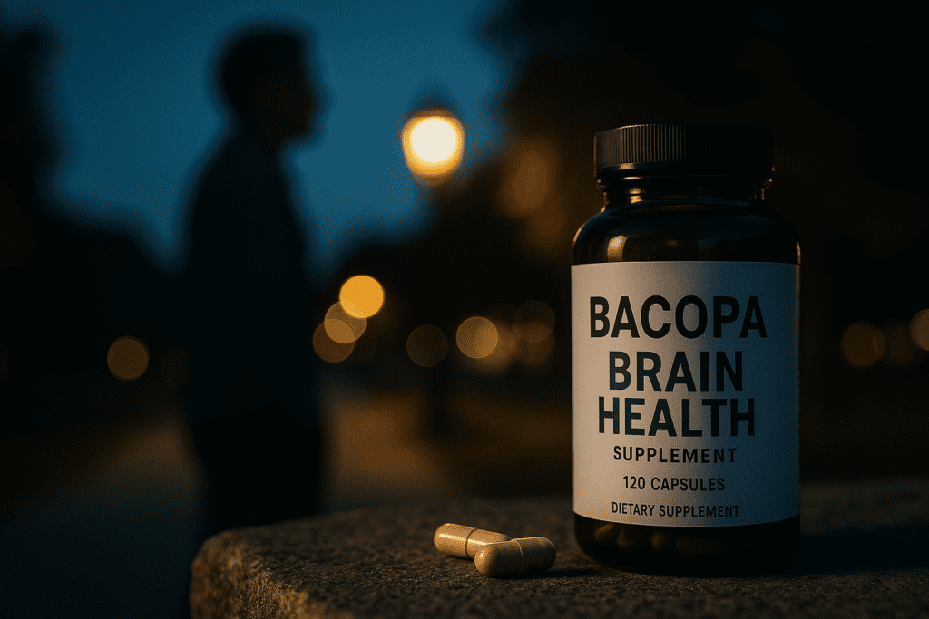A Bacopa Brain Health supplement bottle is illuminated by moody lighting on a stone surface, with a blurred figure and warm streetlamp glow in the background. The dramatic shadows and nighttime ambiance highlight the reflective, introspective aspect of choosing the best Bacopa monnieri supplement for brain longevity.