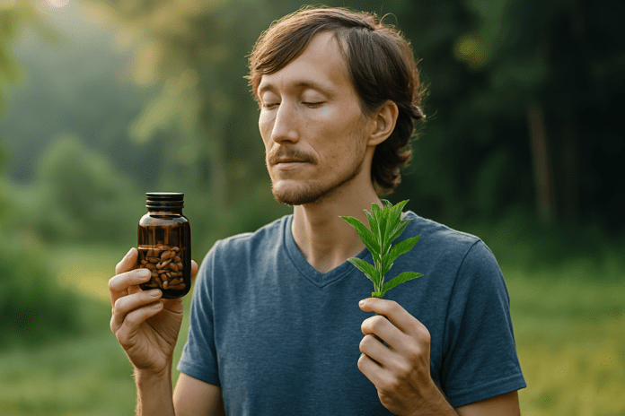 A high-resolution photograph captures a young Caucasian man outdoors during early morning light, holding a bottle of herbal supplements and a sprig of fresh herbs. The scene conveys the connection between herbal remedies for anxiety and depression and natural brain health, set against a peaceful, green backdrop that emphasizes clarity and calm.