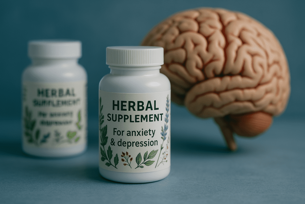 A digital photograph features three white herbal supplement bottles on a cool gray surface, with a soft-focus anatomical brain model in the background under clinical lighting. The scene conveys the scientific connection between anxiety depression herbal supplements and their potential impact on brain function and long-term cognitive support.