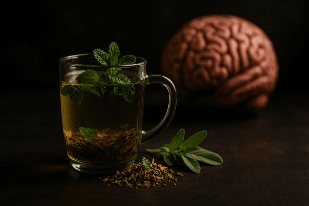 A digital photograph captures a glass mug filled with herbal tea, garnished with fresh mint, resting on a dark wooden surface under dramatic moody lighting. The composition visually links herbal remedies for anxiety and depression to brain health, with a soft-focus brain model in the background symbolizing the connection between calming rituals and cognitive longevity.