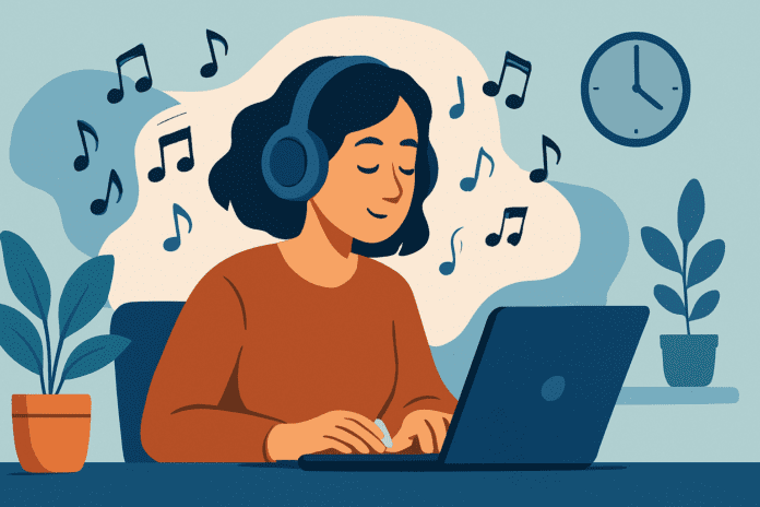 A modern, stylized digital illustration of a woman wearing headphones, focused on her laptop at a desk with abstract musical elements floating around her in a calming blue palette.