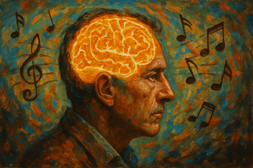 A traditional oil painting of a man in profile, surrounded by swirling abstract musical notes and a glowing brain, symbolizing the cognitive effects of background music.