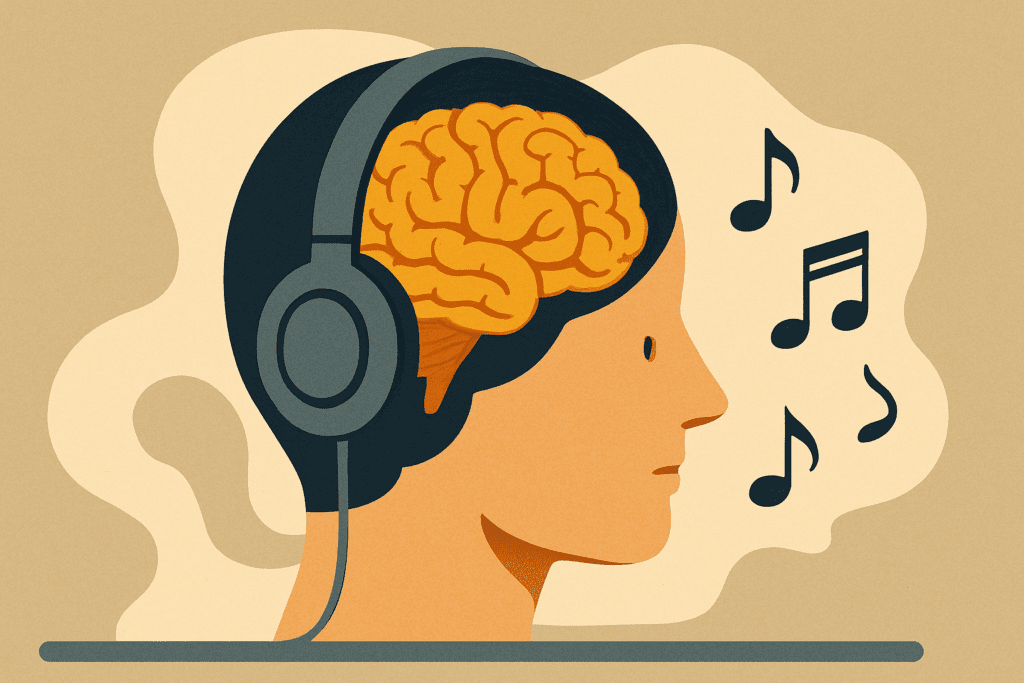 A traditional oil painting of a man in profile, surrounded by swirling abstract musical notes and a glowing brain, symbolizing the cognitive effects of background music.