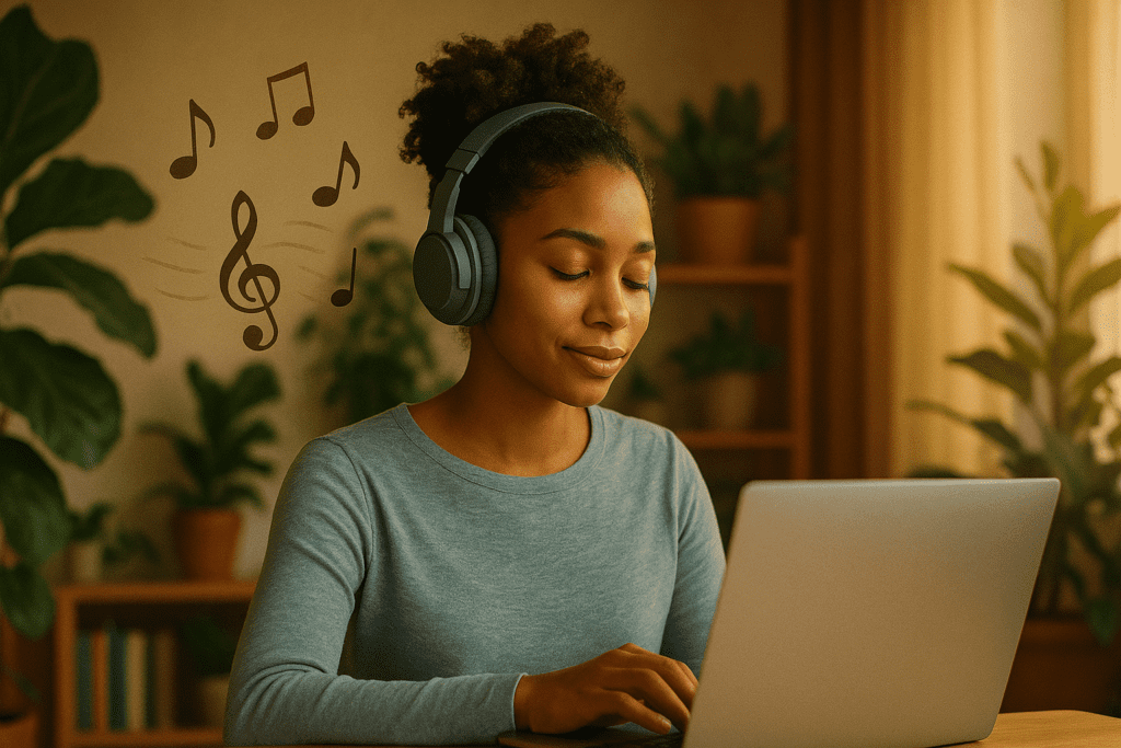 A digital photo-style image of a young Black woman wearing headphones and working on a laptop in a bright, plant-filled room, eyes closed and enjoying calming background music.