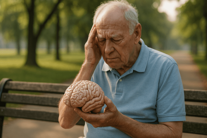 An elderly Caucasian man with white hair sits alone on a wooden park bench, holding a model of a human brain in his hand. The morning light softly illuminates the scene, emphasizing the quiet introspection of cognitive decline and moral understanding in an outdoor natural environment.