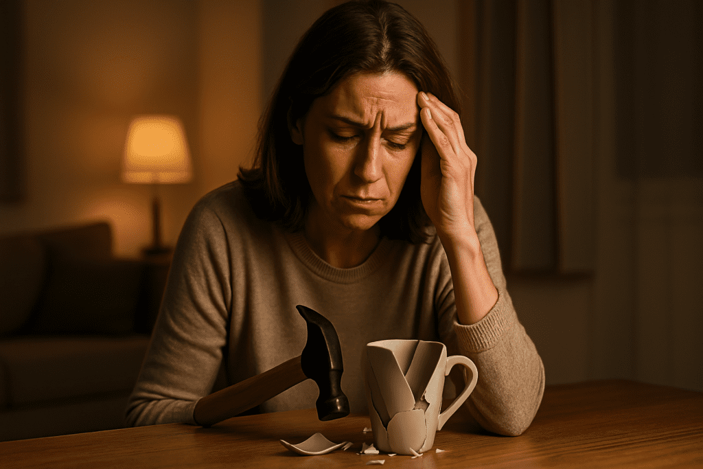 A middle-aged Caucasian woman with brown hair sits at a wooden table in a dimly lit room, eyes closed and face contorted in emotional pain. A broken mug and hammer lie before her, symbolizing cognitive confusion and unintended harm, as warm ambient lighting enhances the intimate yet heavy mood.