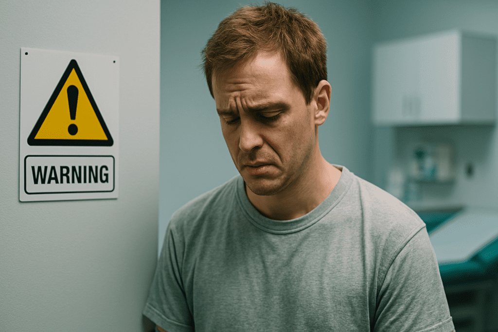 A young Caucasian male patient sits alone in a sterile examination room, his expression marked by visible stress and confusion. Cool clinical lighting casts a bluish hue across the scene, highlighting themes of cognitive impairment and diminished moral awareness in a modern medical context.