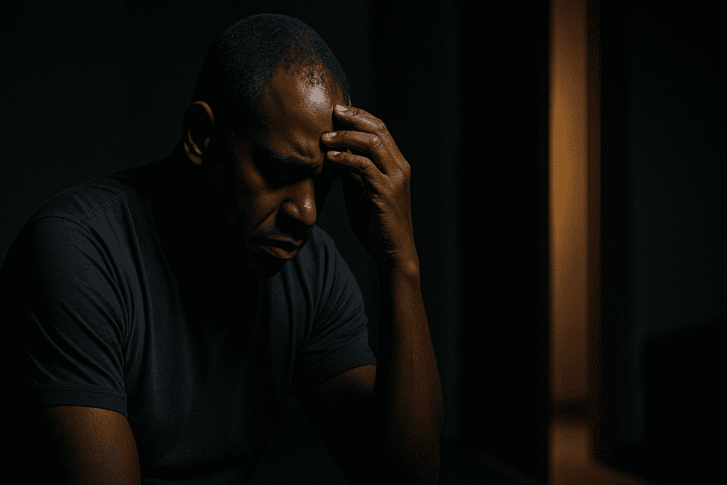 A middle-aged African American man sits in a shadowy room at night, resting his head in his hand with a solemn, contemplative expression. Moody lighting with a single warm beam from an ajar door underscores the emotional weight of cognitive decline and moral awareness in moments of solitude.