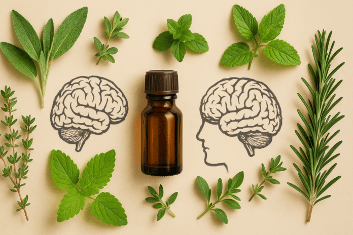 A photograph features a small amber glass bottle with herbal extracts surrounded by fresh rosemary, mint, sage, and thyme, arranged on a beige background with soft lighting and subtle brain illustrations drawn in the backdrop.