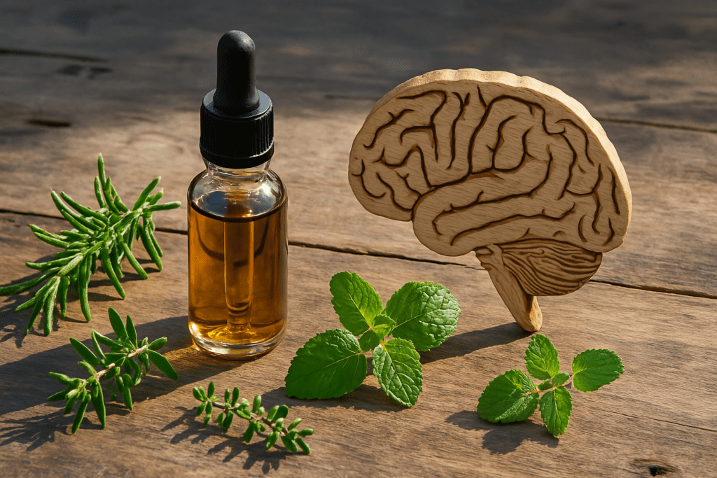 A photograph taken during daytime features a clear glass dropper bottle with golden herbal extract, surrounded by fresh green herbs and a small wooden brain model, all resting on a textured wooden surface lit by natural sunlight.