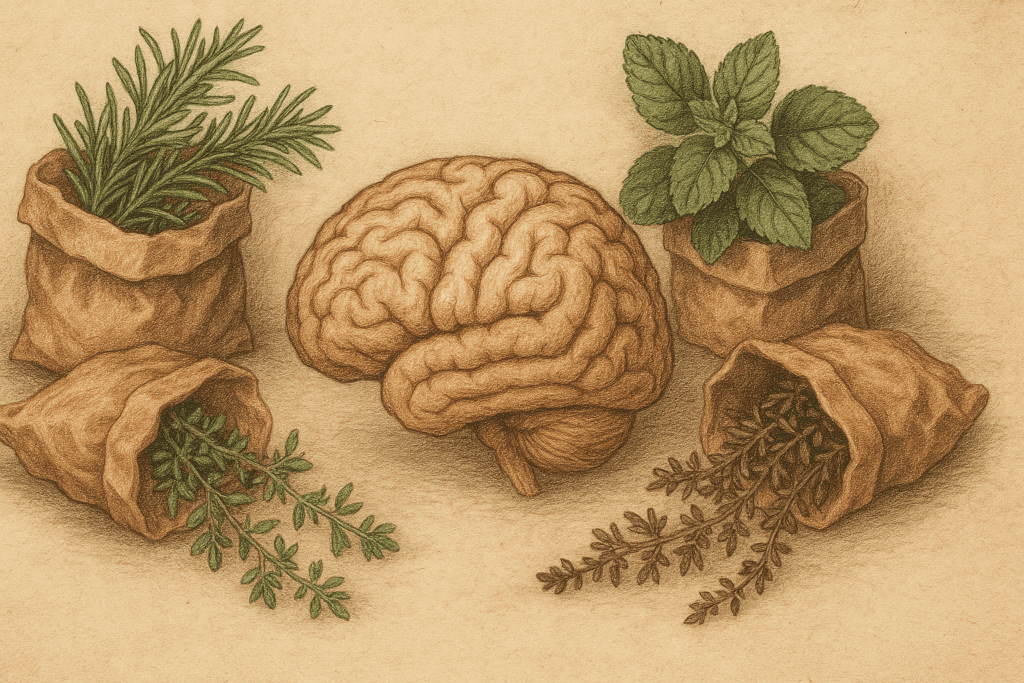 A realistic still life illustration in colored pencil displays a brain model surrounded by crumpled brown paper bags filled with dried herbs like rosemary, mint, and thyme, arranged on a textured tan