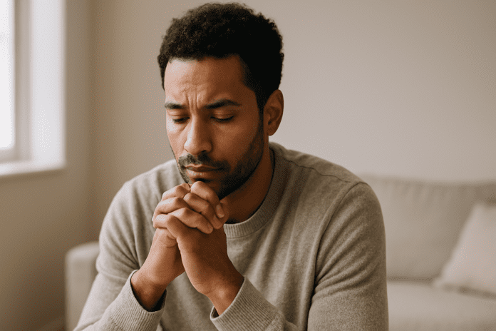 A young man with curly black hair sits in a sunlit room, gazing thoughtfully into the distance, framed by soft natural light and a blurred neutral-toned background. Alt Text 2: Close-up of a contemplative man in his twenties seated indoors, captured in a minimalist, softly lit space to evoke calm and focus.