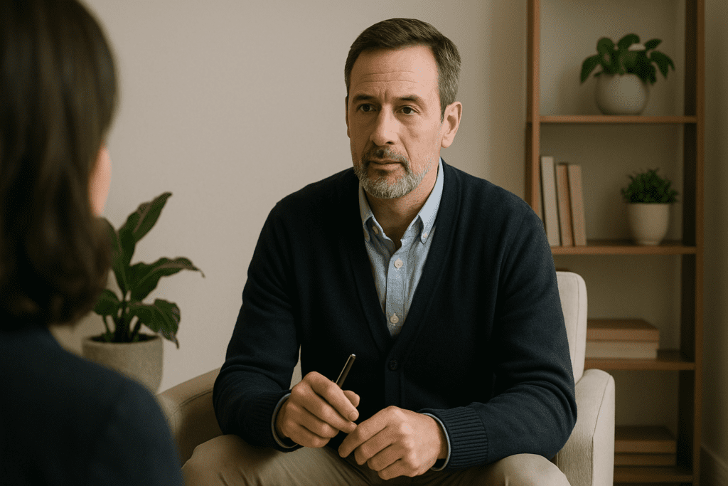 A middle-aged male therapist with graying hair listens attentively in a clean, modern office with soft lighting and minimalist decor.